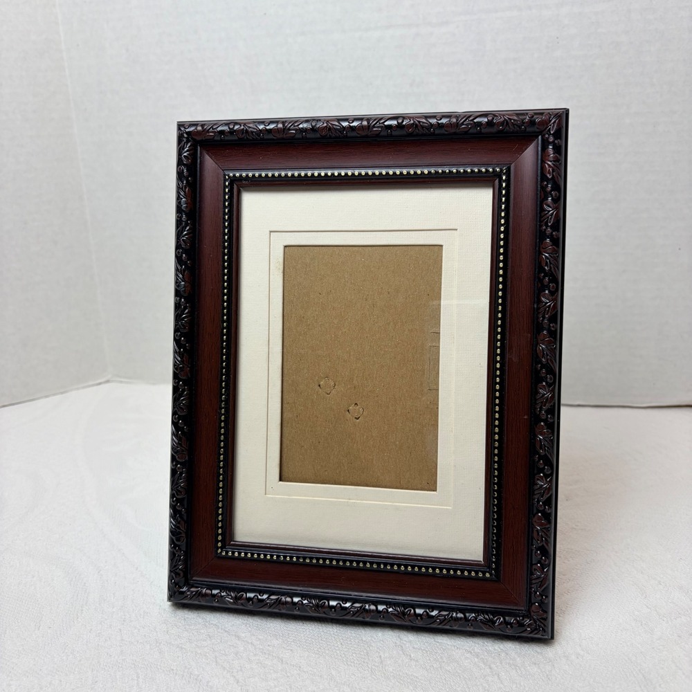 Ornate Dark Wood Grain Picture Frame with Cream Double Mat 7.25 x 9.25 Inch